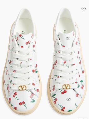 Valentino Garavani White Cherry-Print Leather Sneakers with Gold V Logo